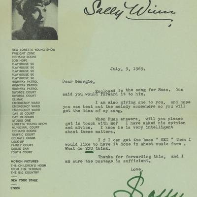 Sally Winn signed personal note and signed sheet music