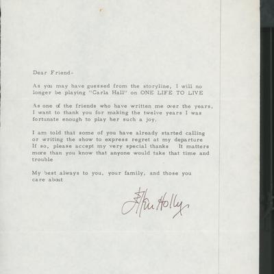 Ellen Holly signed letter