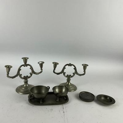 763 Sventz Tenn Cream & Sugar Bowls With Candle Stick Holders With Six Small Plates