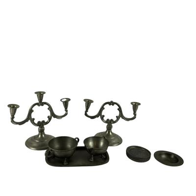 763 Sventz Tenn Cream & Sugar Bowls With Candle Stick Holders With Six Small Plates