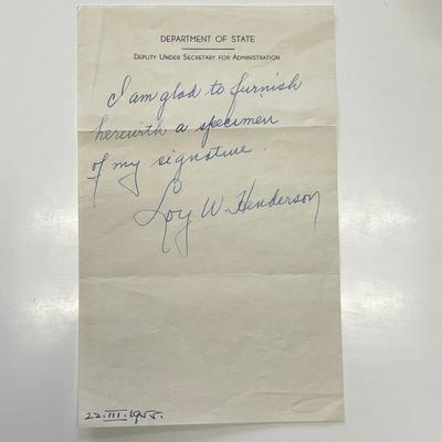 Former United States Minister to Iraq Loy W. Henderson signed note