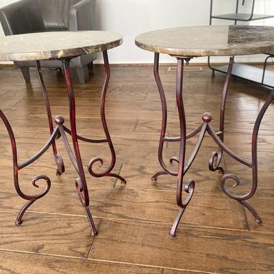 Two Marble Top Accent Tables with Wrought Iron Base.