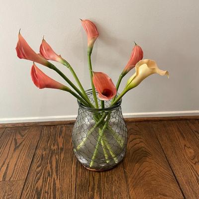 Wire Wrapped Flower Vase and Faux Flowers