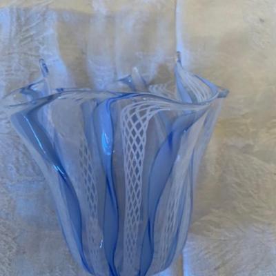 Blue and white blown glass vase