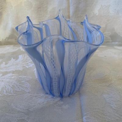 Blue and white blown glass vase