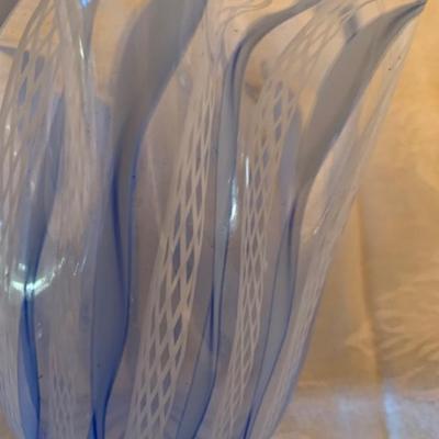 Blue and white blown glass vase