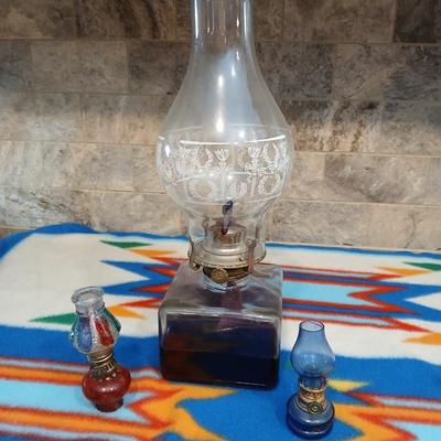 Lamp Light Farms square base glass Oil lamp with ornate chimney and two tiny oil lamps