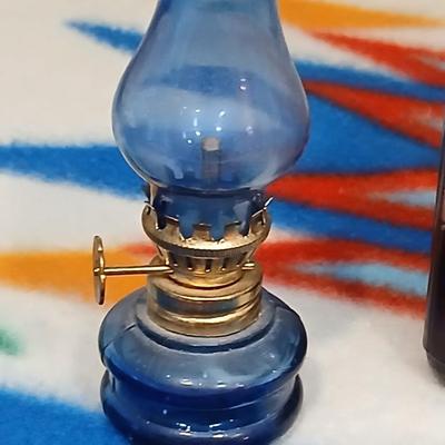 Lamp Light Farms square base glass Oil lamp with ornate chimney and two tiny oil lamps