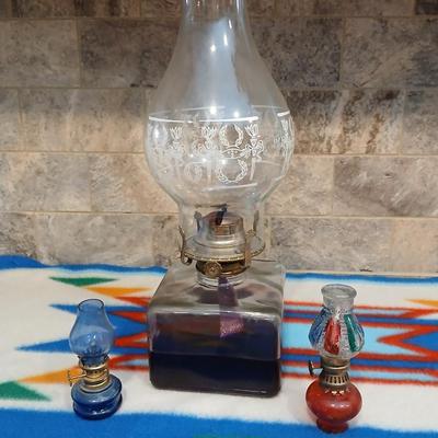 Lamp Light Farms square base glass Oil lamp with ornate chimney and two tiny oil lamps
