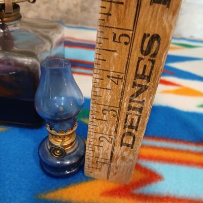 Lamp Light Farms square base glass Oil lamp with ornate chimney and two tiny oil lamps