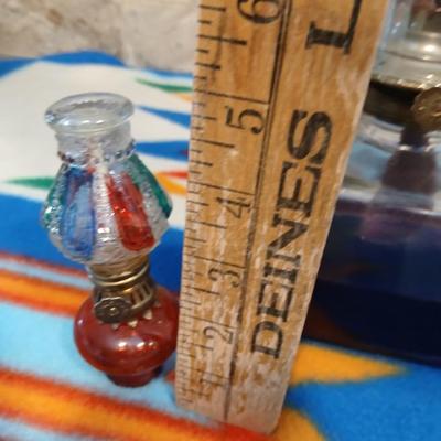 Lamp Light Farms square base glass Oil lamp with ornate chimney and two tiny oil lamps