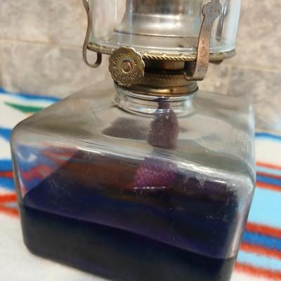 Lamp Light Farms square base glass Oil lamp with ornate chimney and two tiny oil lamps
