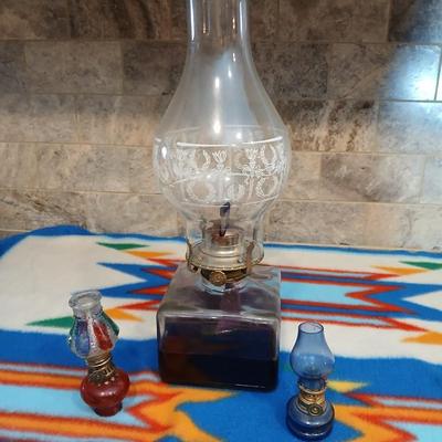 Lamp Light Farms square base glass Oil lamp with ornate chimney and two tiny oil lamps