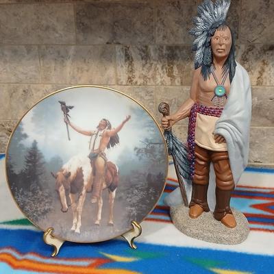 Native American ceramic Statue artwork and Numbered "Deliverance" Collectible plate