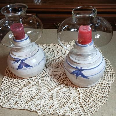 Pair of Signed Pottery / stoneware hurricane candle with glass globes