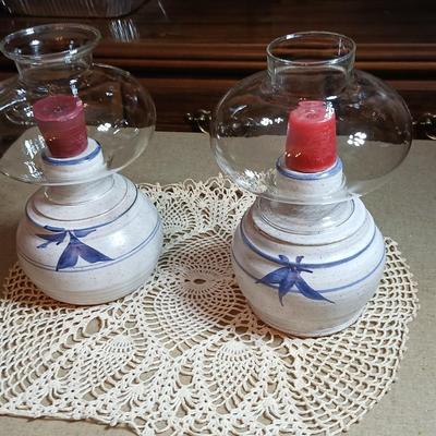 Pair of Signed Pottery / stoneware hurricane candle with glass globes