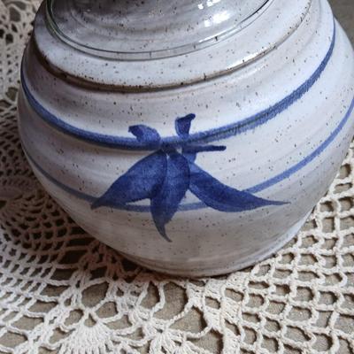 Pair of Signed Pottery / stoneware hurricane candle with glass globes