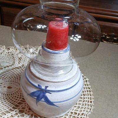 Pair of Signed Pottery / stoneware hurricane candle with glass globes