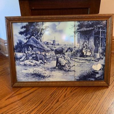 Vtg Framed tile art tray