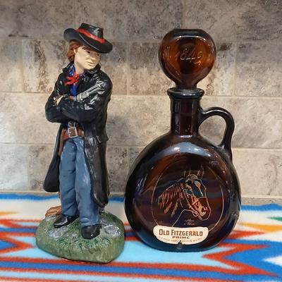 Cowboy ceramic Art Statue and Vintage Old Fitzgerald whisky bottle with horse