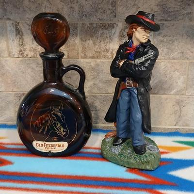 Cowboy ceramic Art Statue and Vintage Old Fitzgerald whisky bottle with horse