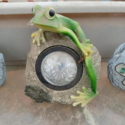 Small Fairy Garden in a pot with two faux decorative rocks and a Solar frog light