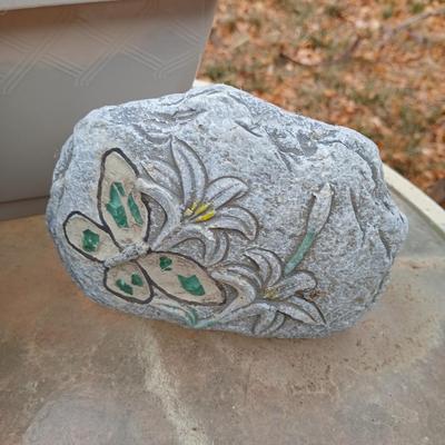 Small Fairy Garden in a pot with two faux decorative rocks and a Solar frog light