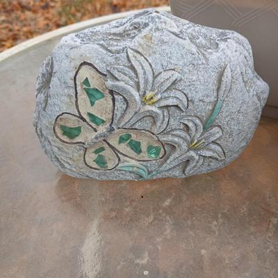 Small Fairy Garden in a pot with two faux decorative rocks and a Solar frog light