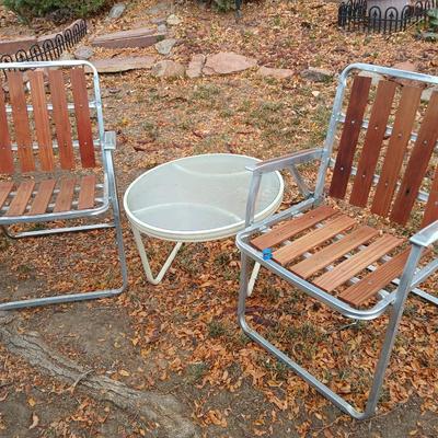 Two vintage Redwood 5 Slat Aluminum Folding Lawn Chair Mid Century with 24" side table
