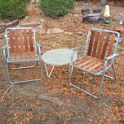 Two vintage Redwood 5 Slat Aluminum Folding Lawn Chair Mid Century with 24" side table