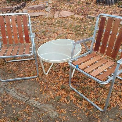 Two vintage Redwood 5 Slat Aluminum Folding Lawn Chair Mid Century with 24" side table