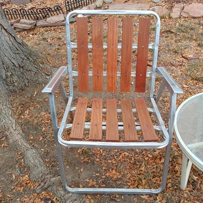 Two vintage Redwood 5 Slat Aluminum Folding Lawn Chair Mid Century with 24" side table