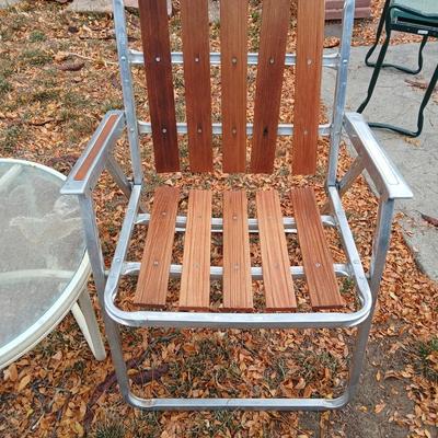 Two vintage Redwood 5 Slat Aluminum Folding Lawn Chair Mid Century with 24" side table