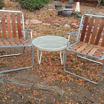 Two vintage Redwood 5 Slat Aluminum Folding Lawn Chair Mid Century with 24" side table
