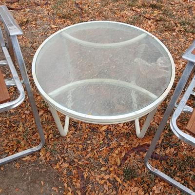 Two vintage Redwood 5 Slat Aluminum Folding Lawn Chair Mid Century with 24" side table