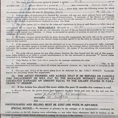 Dolly Dumplin Signed Vaudeville Artists Contract