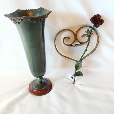 Beautiful tin vase with rose and hanging iron heart with rose candle holder