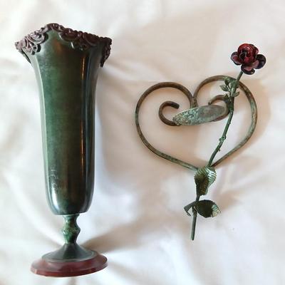 Beautiful tin vase with rose and hanging iron heart with rose candle holder