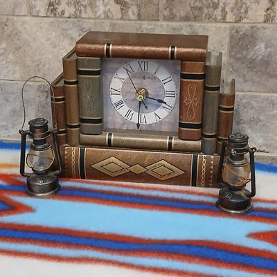 Howard Miller Quartz Library Books Shelf Mantel Desk Clock with Drawer and two miniature lantern pencil sharpeners