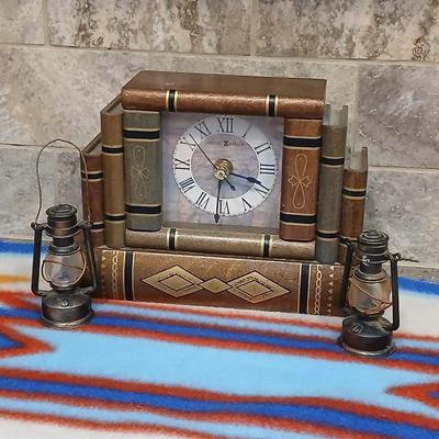 Howard Miller Quartz Library Books Shelf Mantel Desk Clock with Drawer and two miniature lantern pencil sharpeners