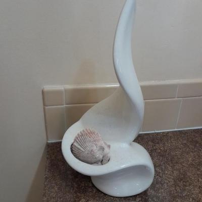 Abstract ceramic art sculpture with swan soap dish and other ceramic pieces with seashell collection
