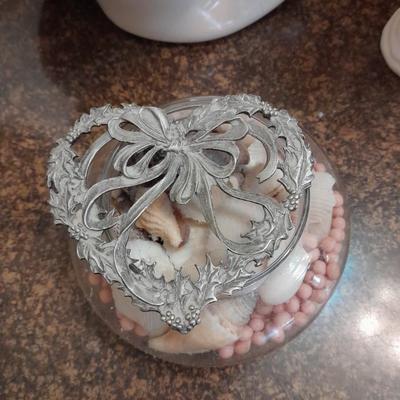 Abstract ceramic art sculpture with swan soap dish and other ceramic pieces with seashell collection