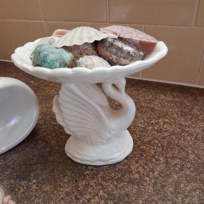 Abstract ceramic art sculpture with swan soap dish and other ceramic pieces with seashell collection