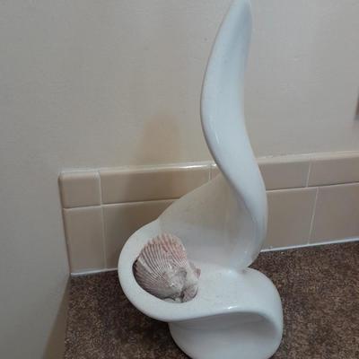 Abstract ceramic art sculpture with swan soap dish and other ceramic pieces with seashell collection