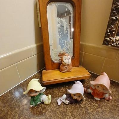 Collection of Homeco Pixie Elves a monkey bank and a unicorn mirrored wall shelf