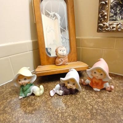 Collection of Homeco Pixie Elves a monkey bank and a unicorn mirrored wall shelf