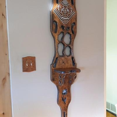 Long wall hanging wooden plant shelf with beautiful tile accent