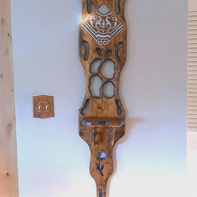 Long wall hanging wooden plant shelf with beautiful tile accent