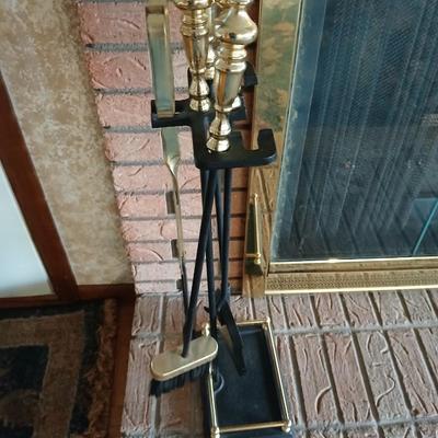 Gold handled Black iron Fireplace tool set with storage stand