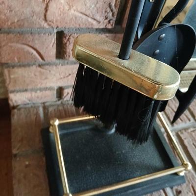 Gold handled Black iron Fireplace tool set with storage stand
